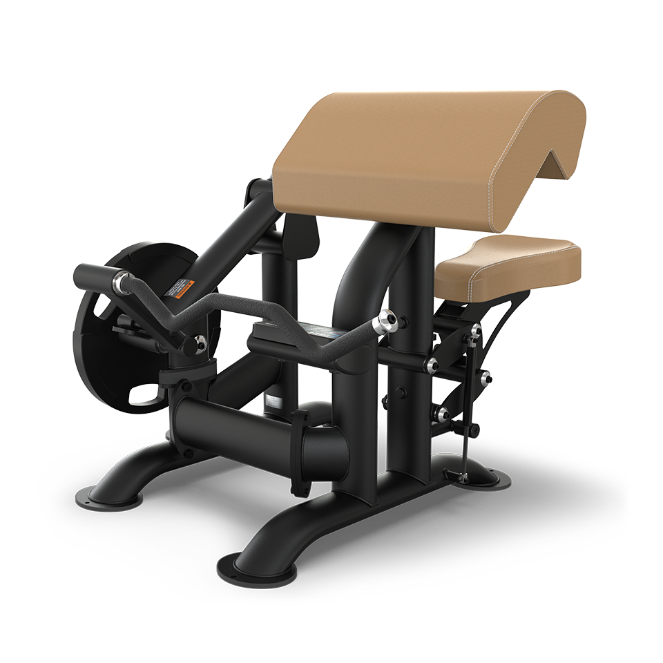 A black and tan seated preacher curl gym machine with padded armrest, seat, handlebars, and weight plate holder, designed for arm exercises on a white background.