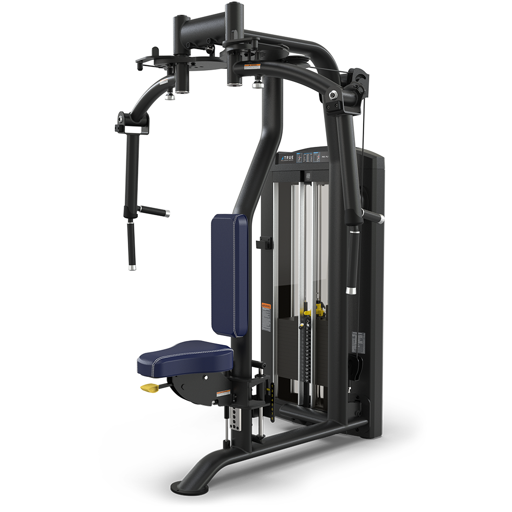 A black and blue seated chest fly machine with adjustable weights, padded seat, and backrest, designed for gym workouts. The equipment features handles, arms, and a weight stack for resistance training.