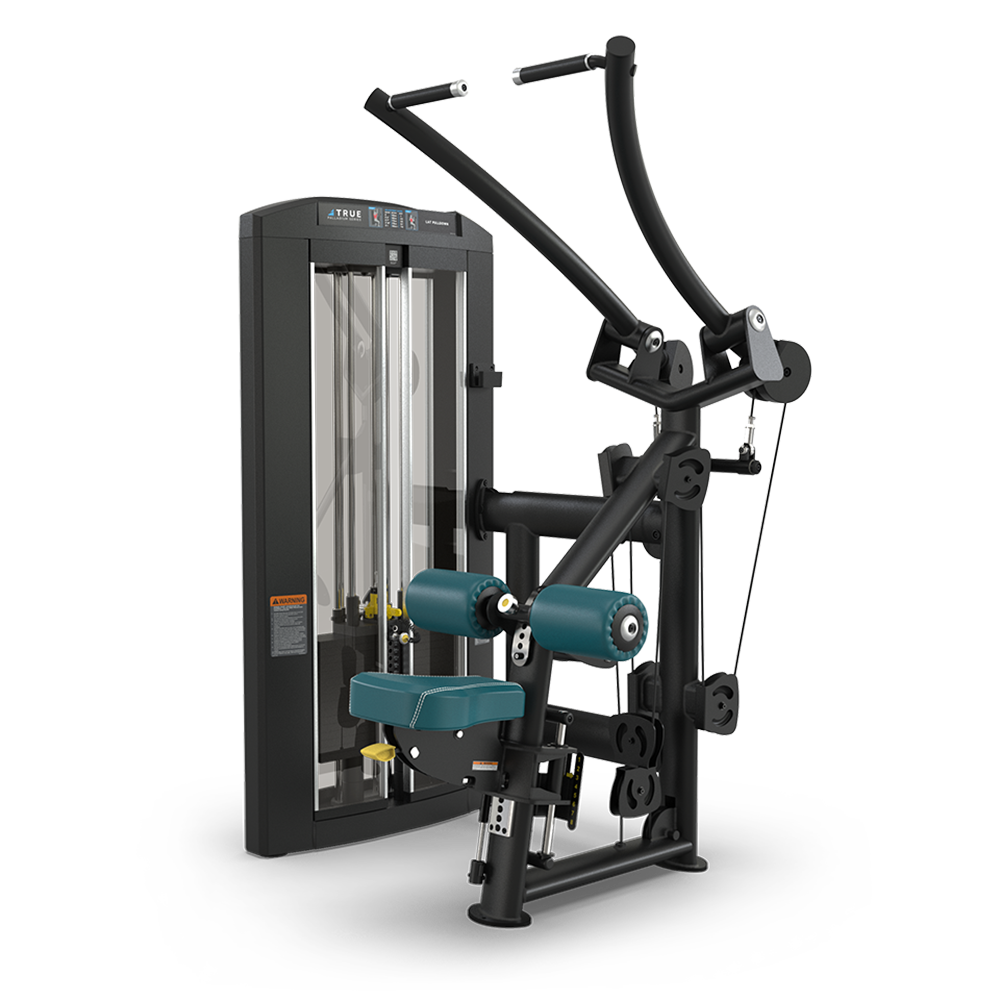 A black and teal seated strength training machine with adjustable seats, padded rollers, and dual arms, designed for upper body exercises, set against a plain white background.
