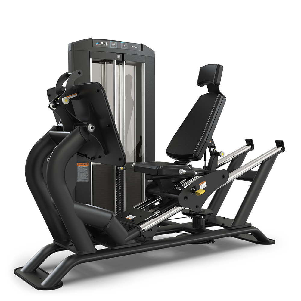 A black seated leg press gym machine with an adjustable backrest, footplate, padded seat, and weight stack, designed for strength training exercises.