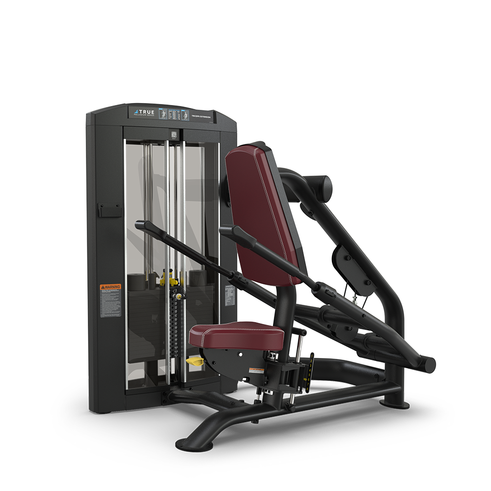 A seated chest press machine with a black frame, maroon padded seat, and backrest, featuring adjustable handles and a weight stack enclosed in a black casing.