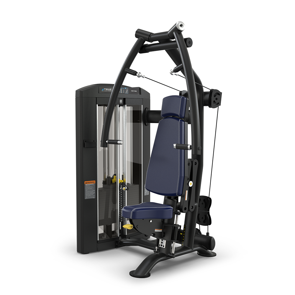 A black and blue seated strength training machine with adjustable weights, handles, and padded seat and backrest, designed for upper body workouts, against a plain white background.