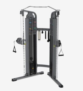 A dual adjustable cable machine with two weight stacks, adjustable pulleys, and attached handles, designed for strength training exercises in a gym setting.