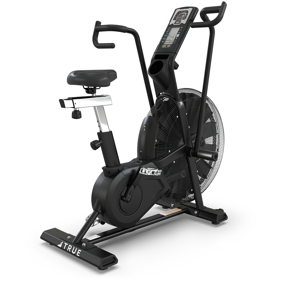 A black stationary exercise bike with moving handlebars, a digital display screen, a large fan wheel at the front, and an adjustable seat, designed for indoor cardio workouts.