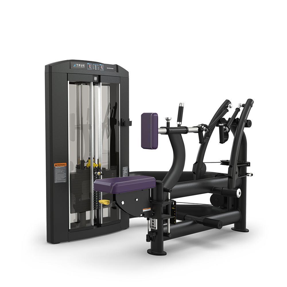 A black and purple commercial-grade gym machine designed for seated tricep extensions, featuring padded seat and armrest, adjustable settings, and a weight stack with protective cover.