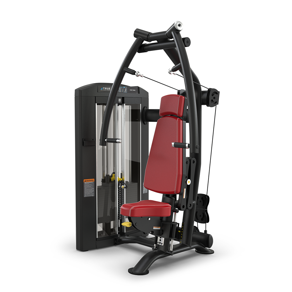 A black and red gym machine with padded seat and backrest, cables, pulleys, and weight stack, designed for various upper body strength exercises, set against a plain white background.