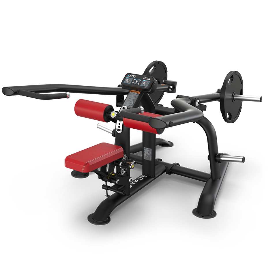 A black and red plate-loaded gym machine with padded seat, arm pads, handles, and weight plate holders, designed for biceps and triceps workouts on a white background.