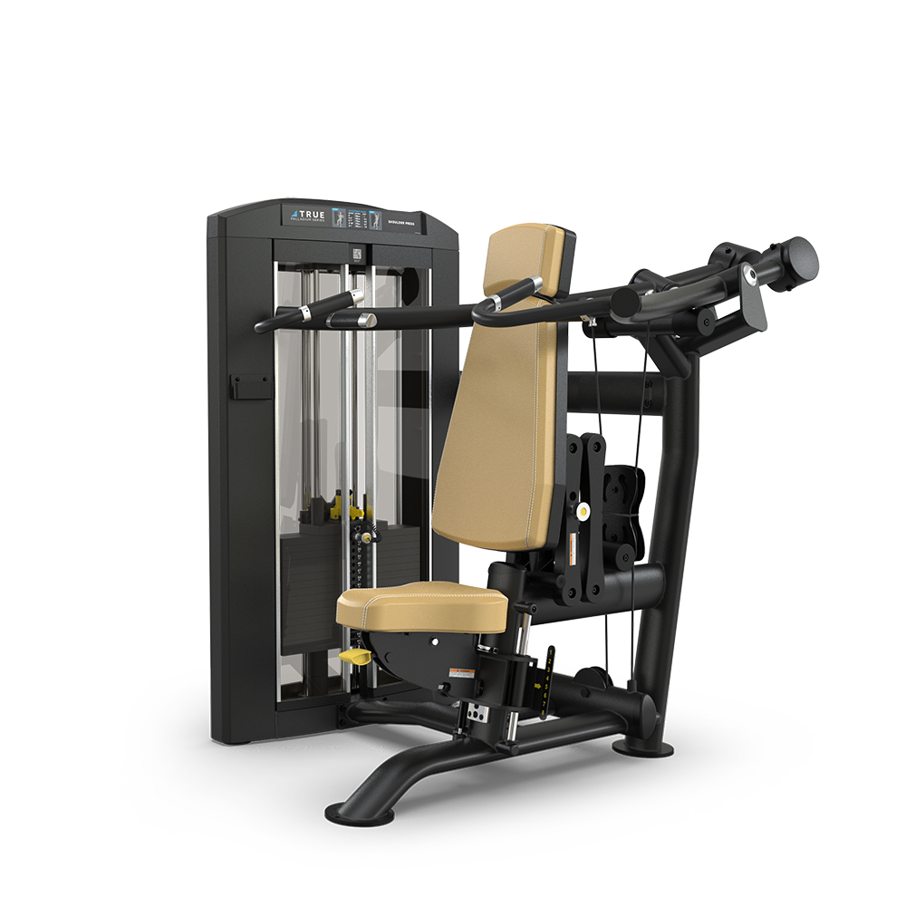 A black and tan chest press gym machine with padded seat and backrest, adjustable arms, and weight stack, designed for strength training exercises.