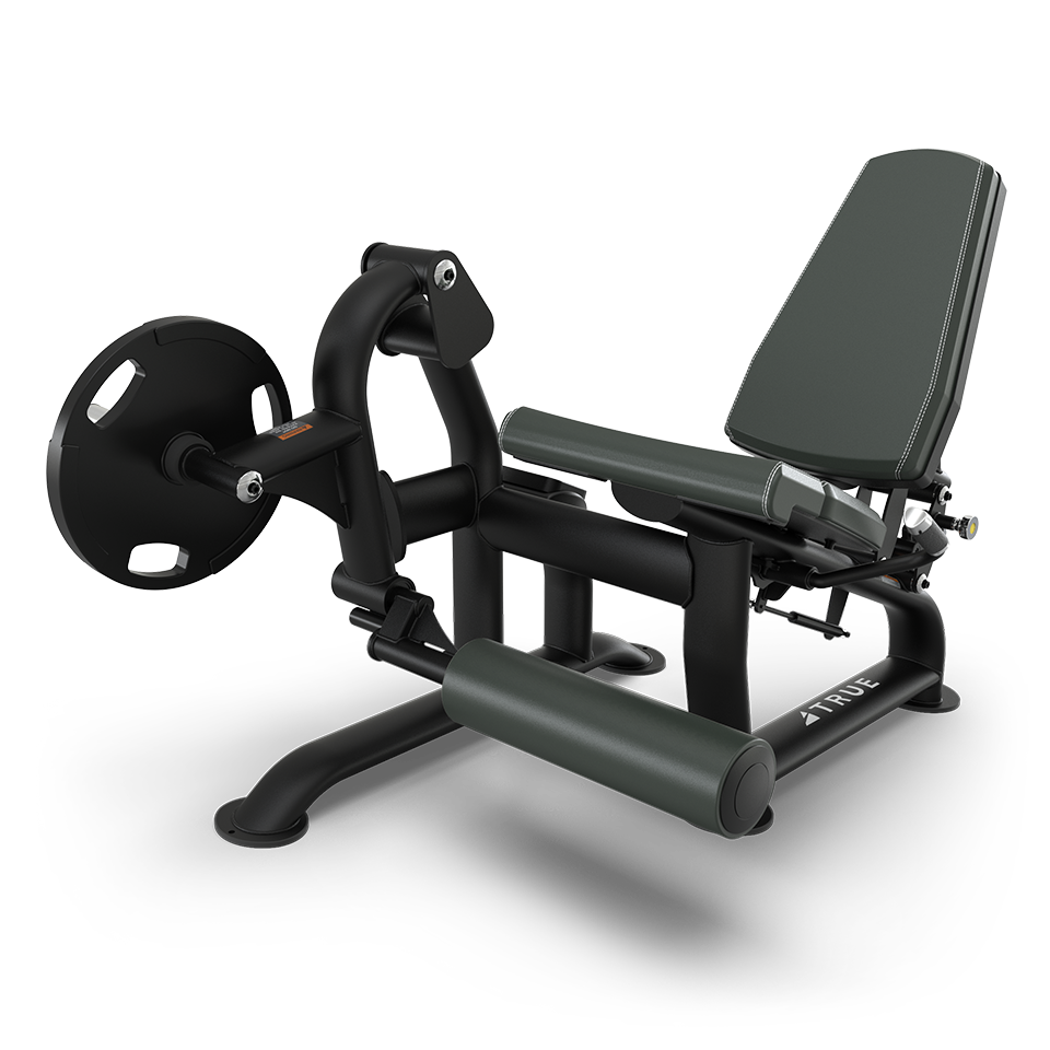 A black and dark green leg press machine with a padded seat, adjustable backrest, and weight plate loaded on the side, designed for lower body exercises.