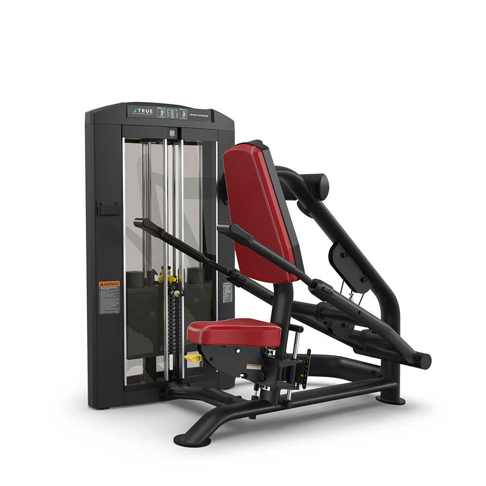 A seated strength training machine with a black frame, red padded seat and backrest, and adjustable weight stack, designed for chest press exercises.