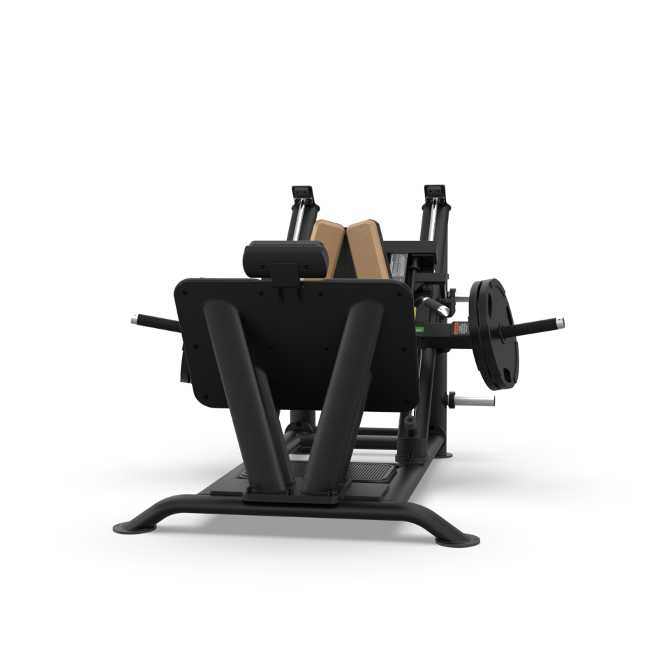A black and brown leg press exercise machine, viewed from the front, with angled padding for back support and footplate, weight plates loaded on each side, and a sturdy metal frame on a white background.