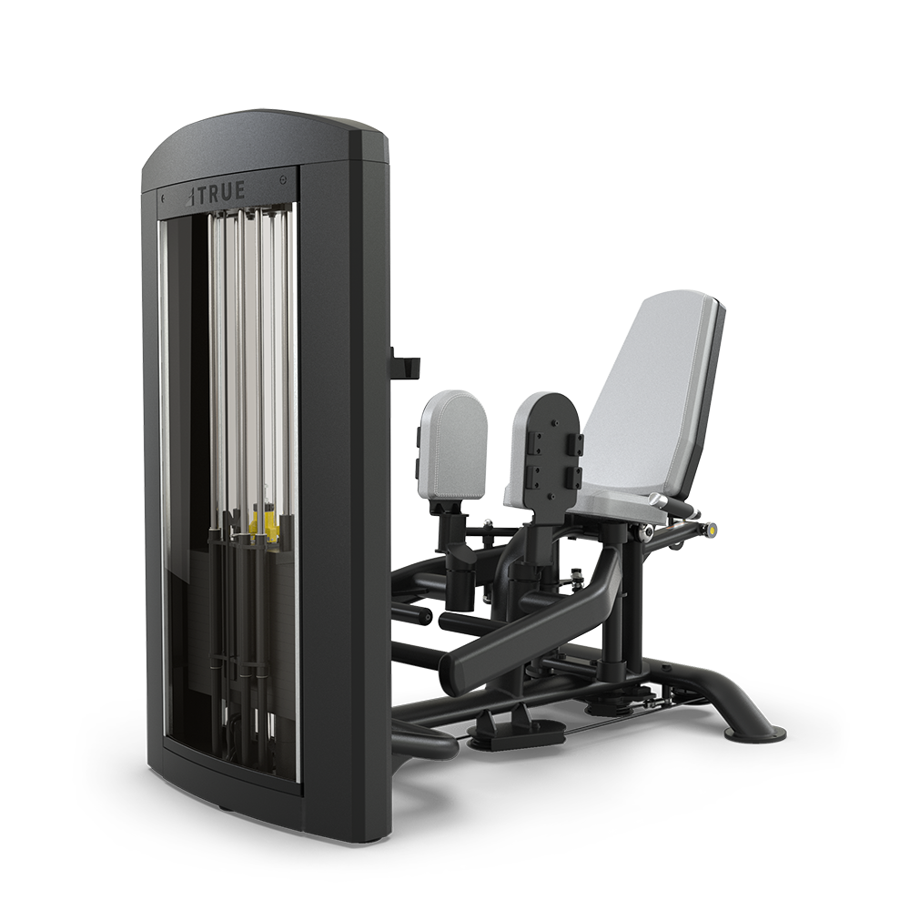 A black and gray gym machine with padded seat and backrest, designed for inner and outer thigh exercises, featuring adjustable weights and foot pads, on a white background.