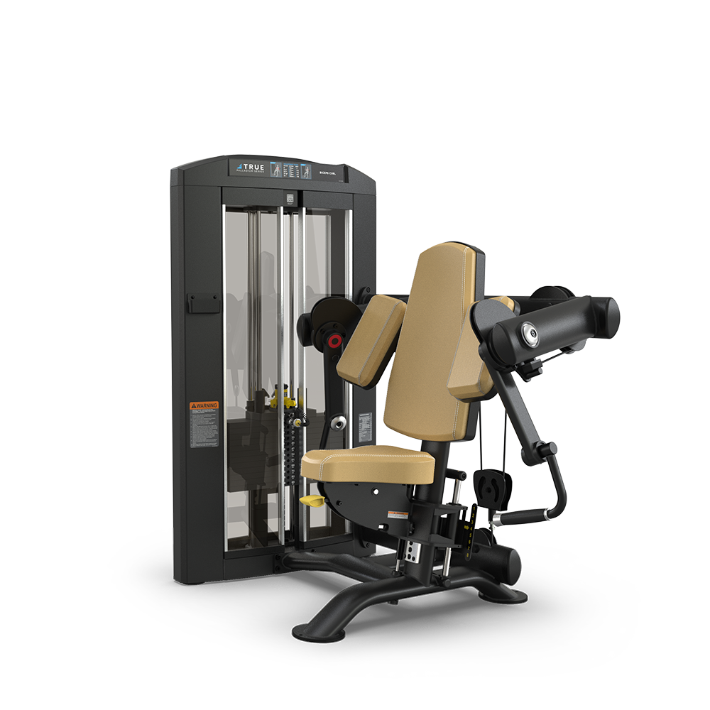 A commercial strength training machine with a padded seat and backrest, designed for arm and upper body exercises, featuring adjustable weights and a sleek, black and beige color scheme.