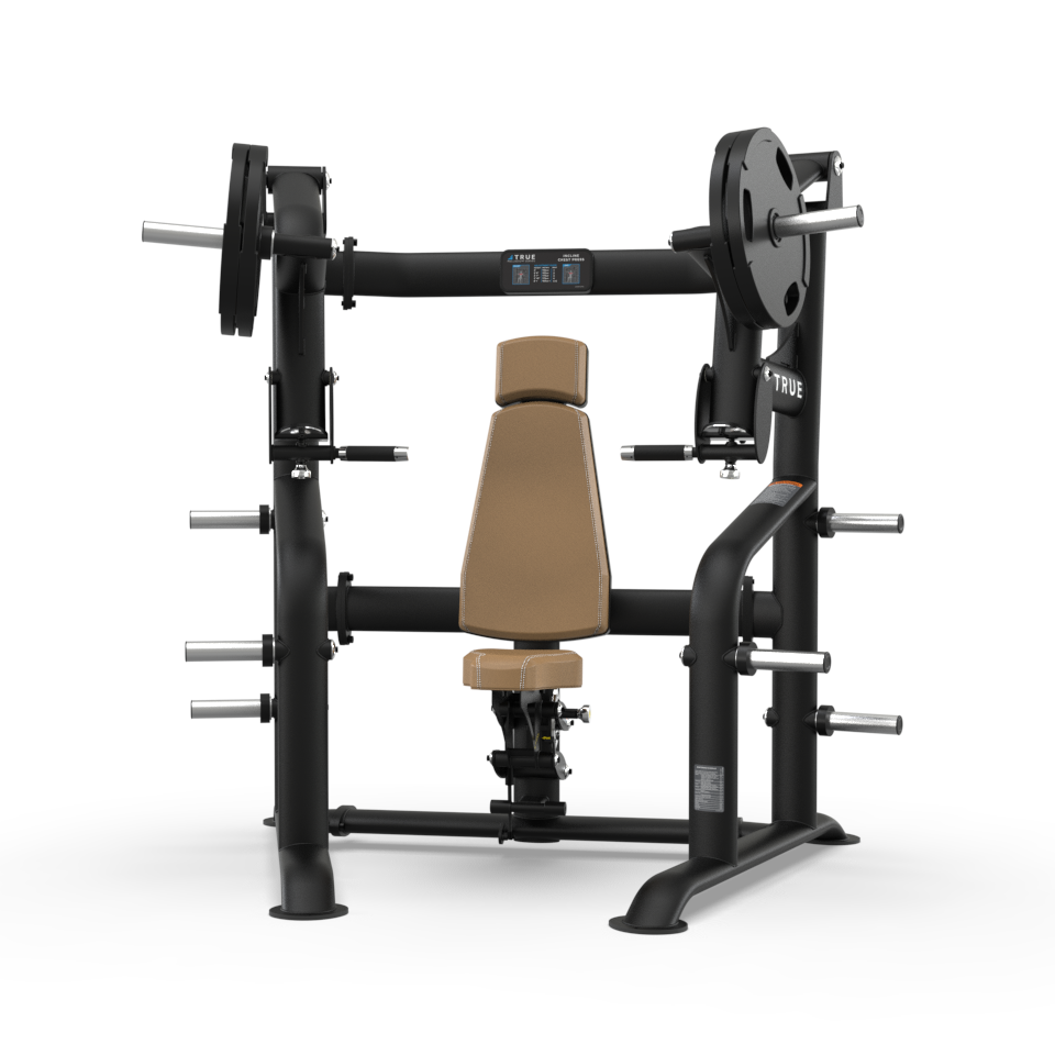A black and tan seated chest press machine with weight plates loaded on both sides, featuring an adjustable seat and multiple weight storage pegs, set against a white background.