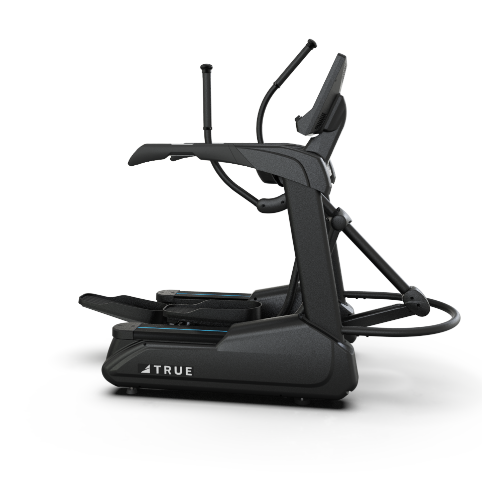 A modern, black elliptical exercise machine with a display screen and handles, branded “TRUE,” shown from a side angle on a white background.