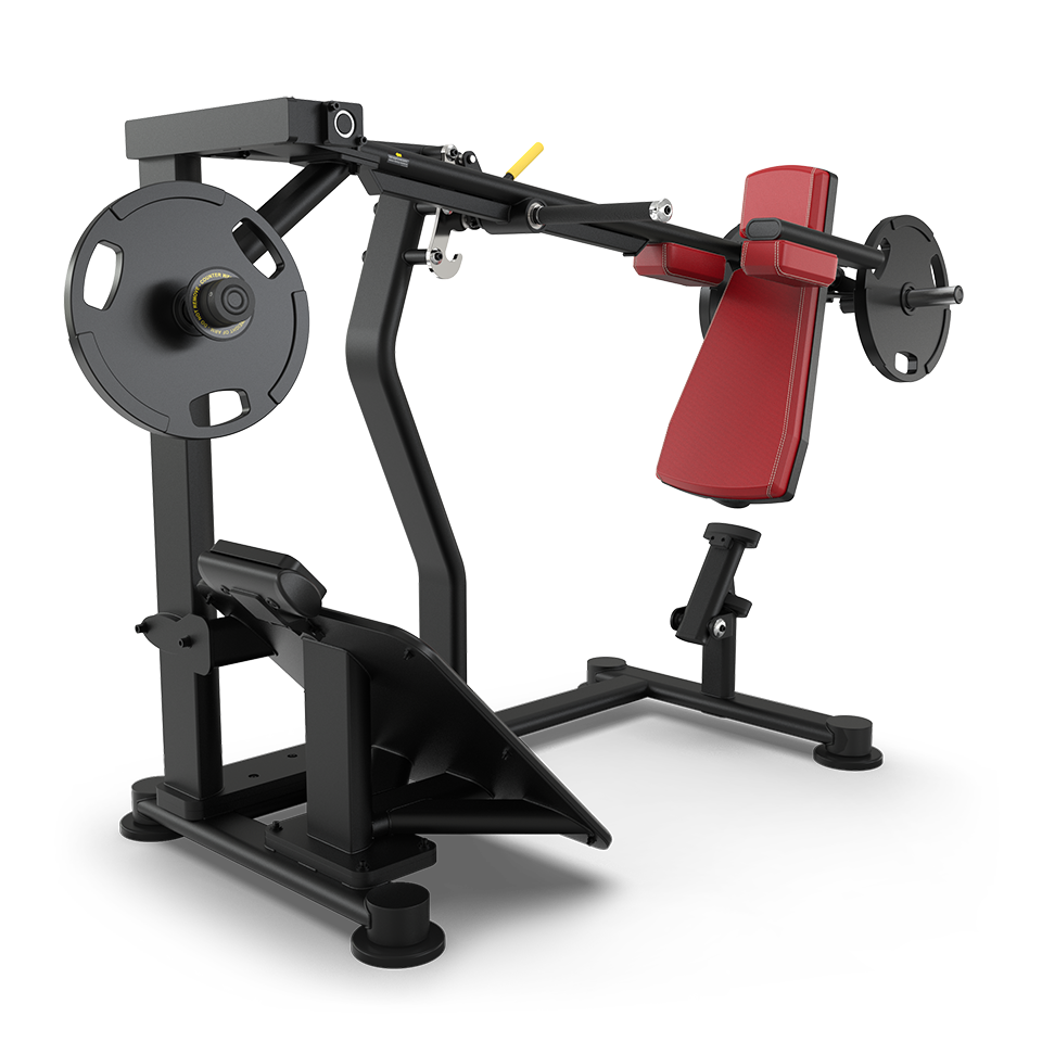 A black and red plate-loaded incline chest press machine with padded seat and backrest, weight plates on each side, and adjustable foot supports, designed for strength training.