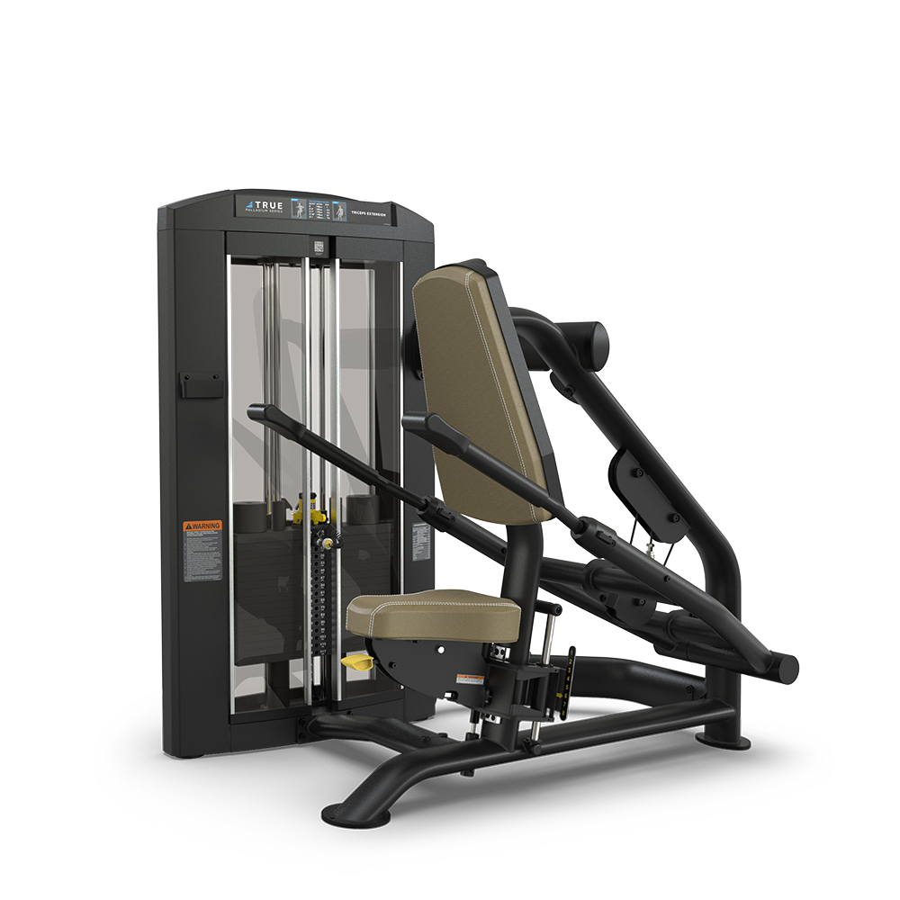 A commercial-grade chest press machine with a padded seat and backrest, adjustable arms, and a weight stack, designed for upper body strength training, against a plain white background.
