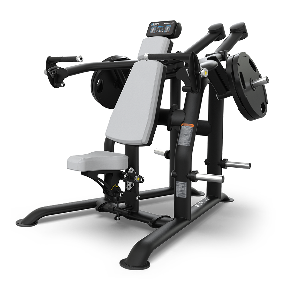 A black and gray seated chest press machine with padded seat and backrest, weight plates on each side, and adjustable handles for strength training exercises.