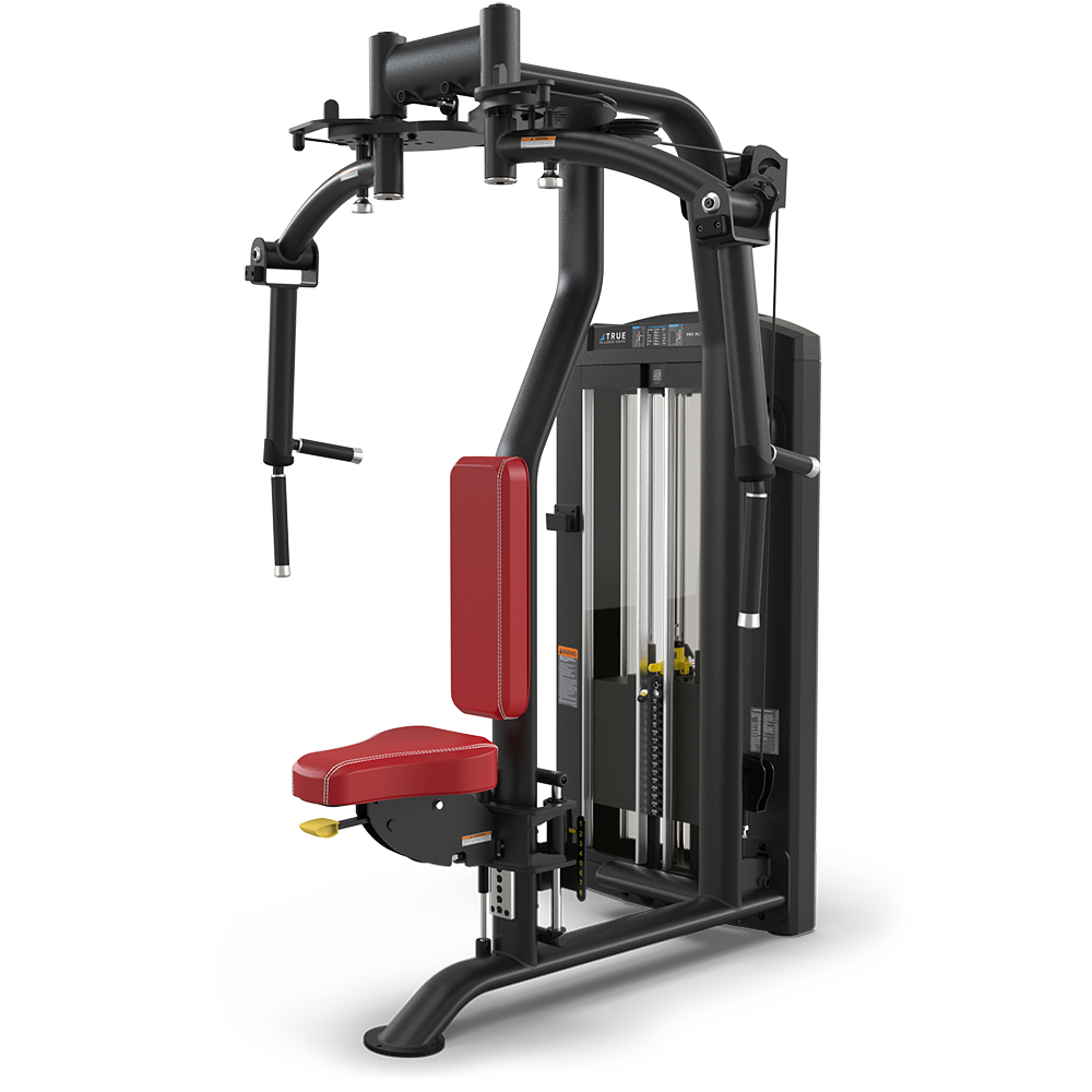 A black and red chest fly and rear delt machine with adjustable weights, padded seat, and arm handles, designed for upper body strength training in gyms.