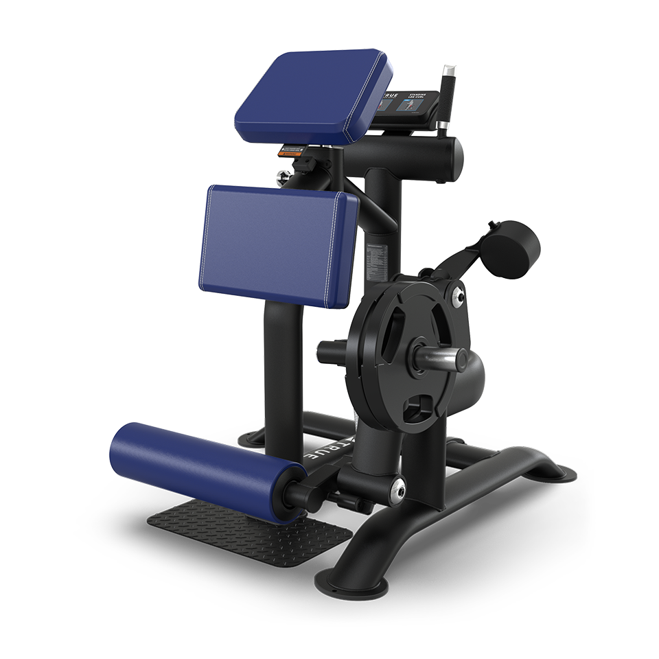A black and blue gym machine designed for seated leg exercises with padded leg rollers, adjustable back and seat pads, and weight plate loading for resistance.