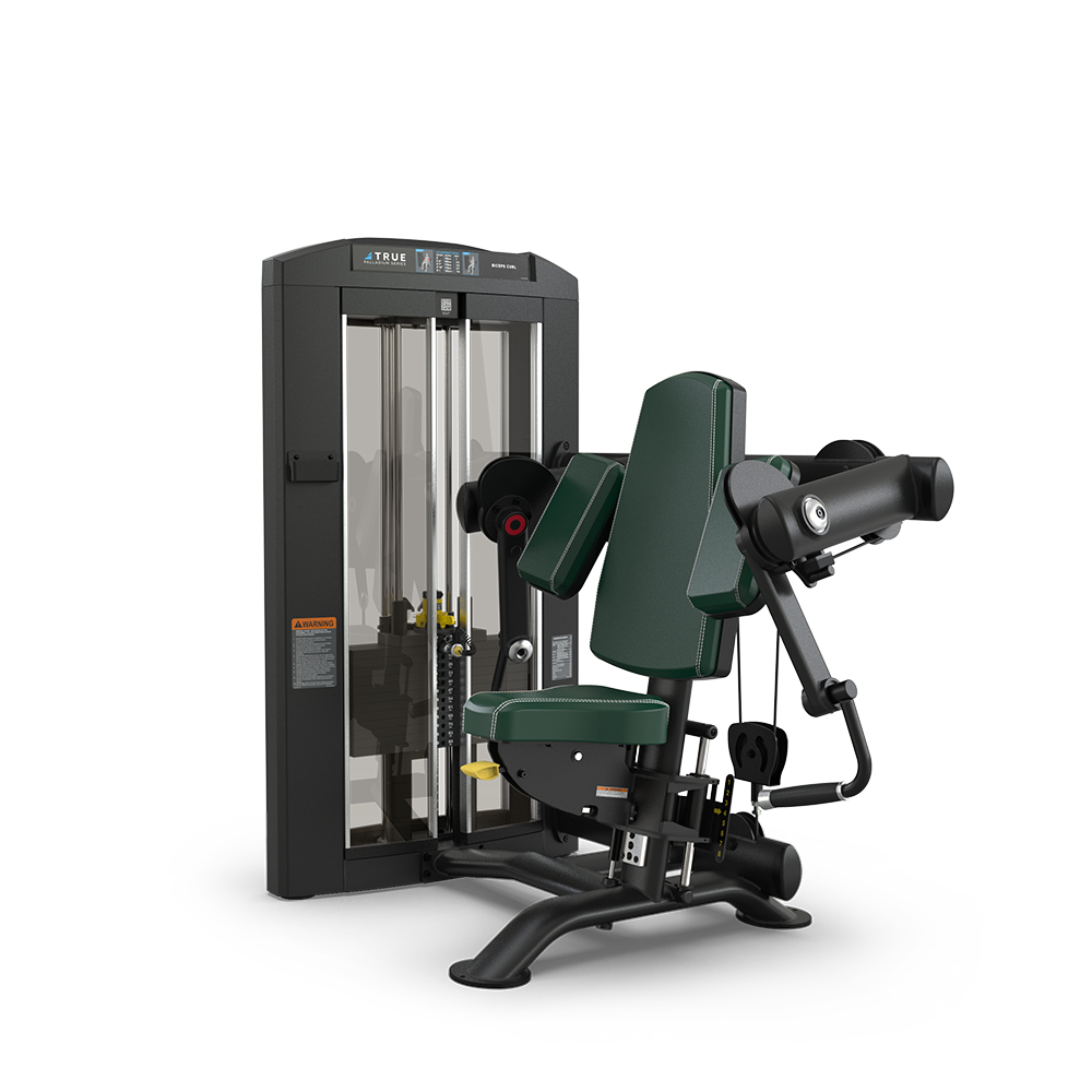 A seated gym machine with padded green and black surfaces, adjustable components, and a weight stack, designed for performing chest and shoulder exercises.
