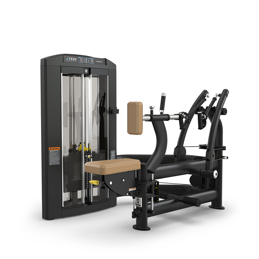A black and tan seated row strength machine with padded seat, chest support, and dual handles, used for gym workouts. The equipment has a weight stack with adjustment pins on the left side.