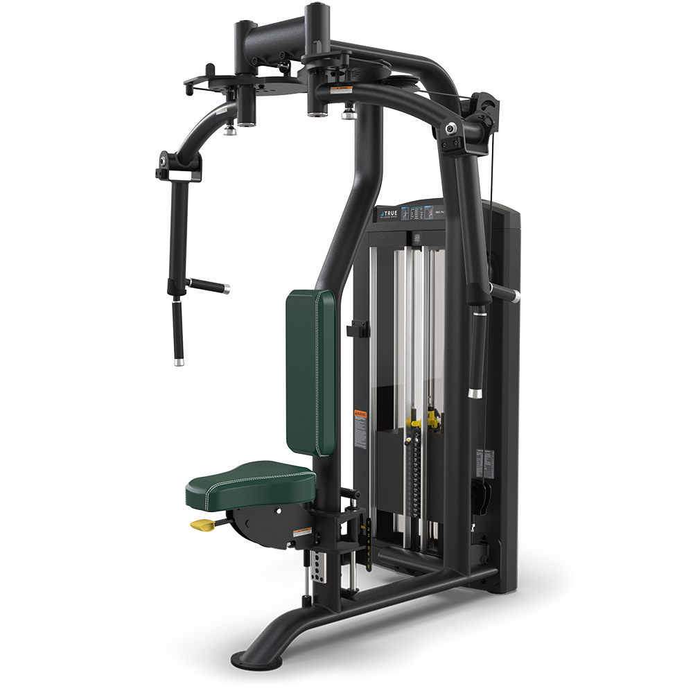 A black and green gym machine with adjustable weights, padded seat, and handles, designed for chest and arm exercises, against a plain white background.
