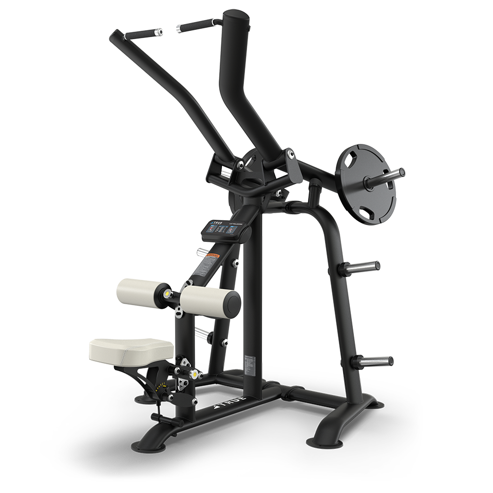 A black and white gym machine designed for upper body workouts, featuring a padded seat, back support, handles, weight plate holders, and adjustable components, set against a plain white background.