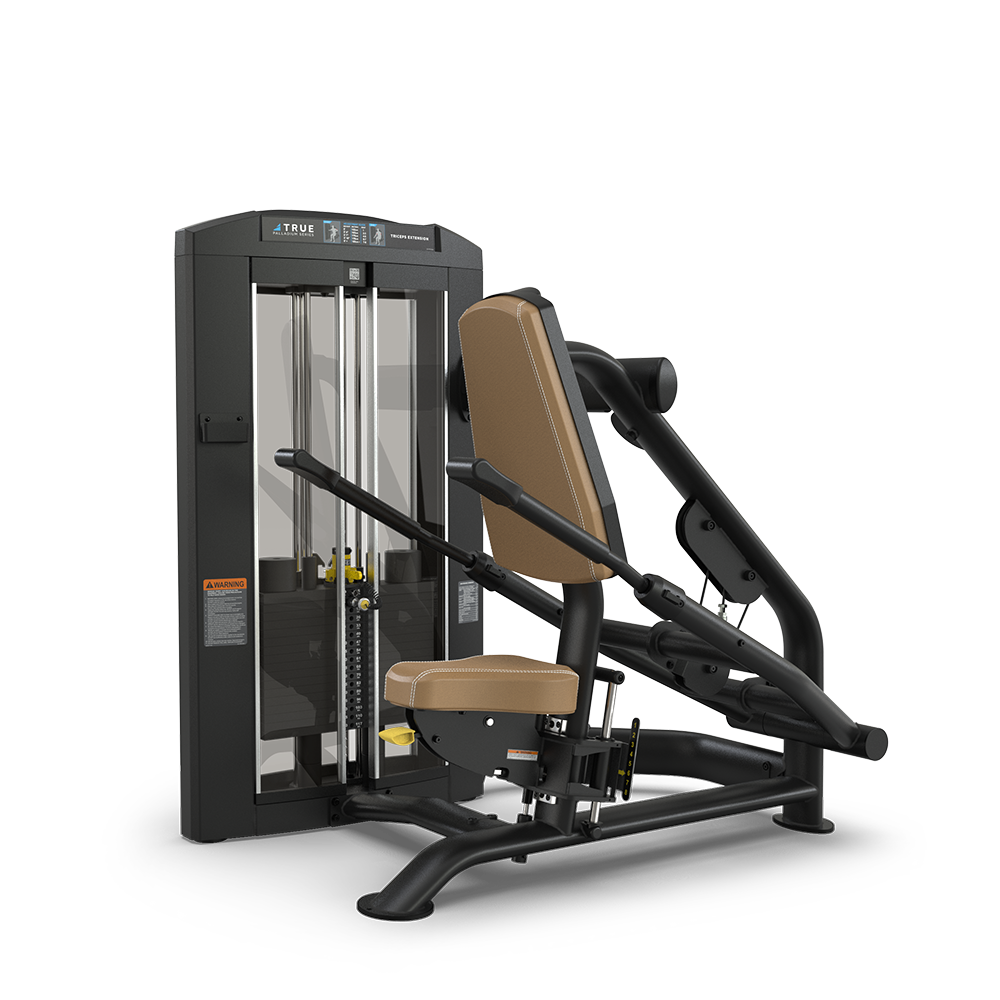 A seated chest press machine with a padded tan seat and backrest, black frame, and weight stack enclosed in a black protective casing, designed for strength training exercises.