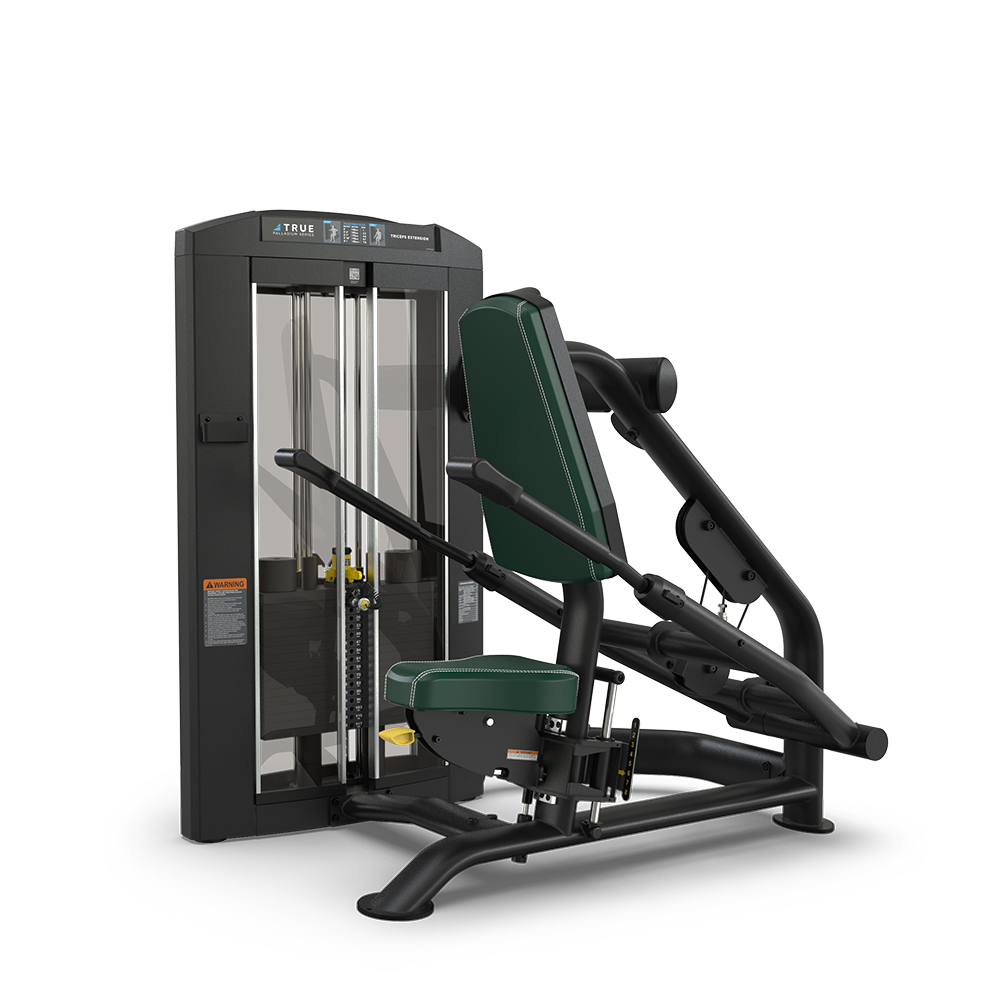 A seated leg press machine with a padded dark green seat and backrest, black frame, adjustable weights, and handles on each side, designed for strength training in a gym setting.