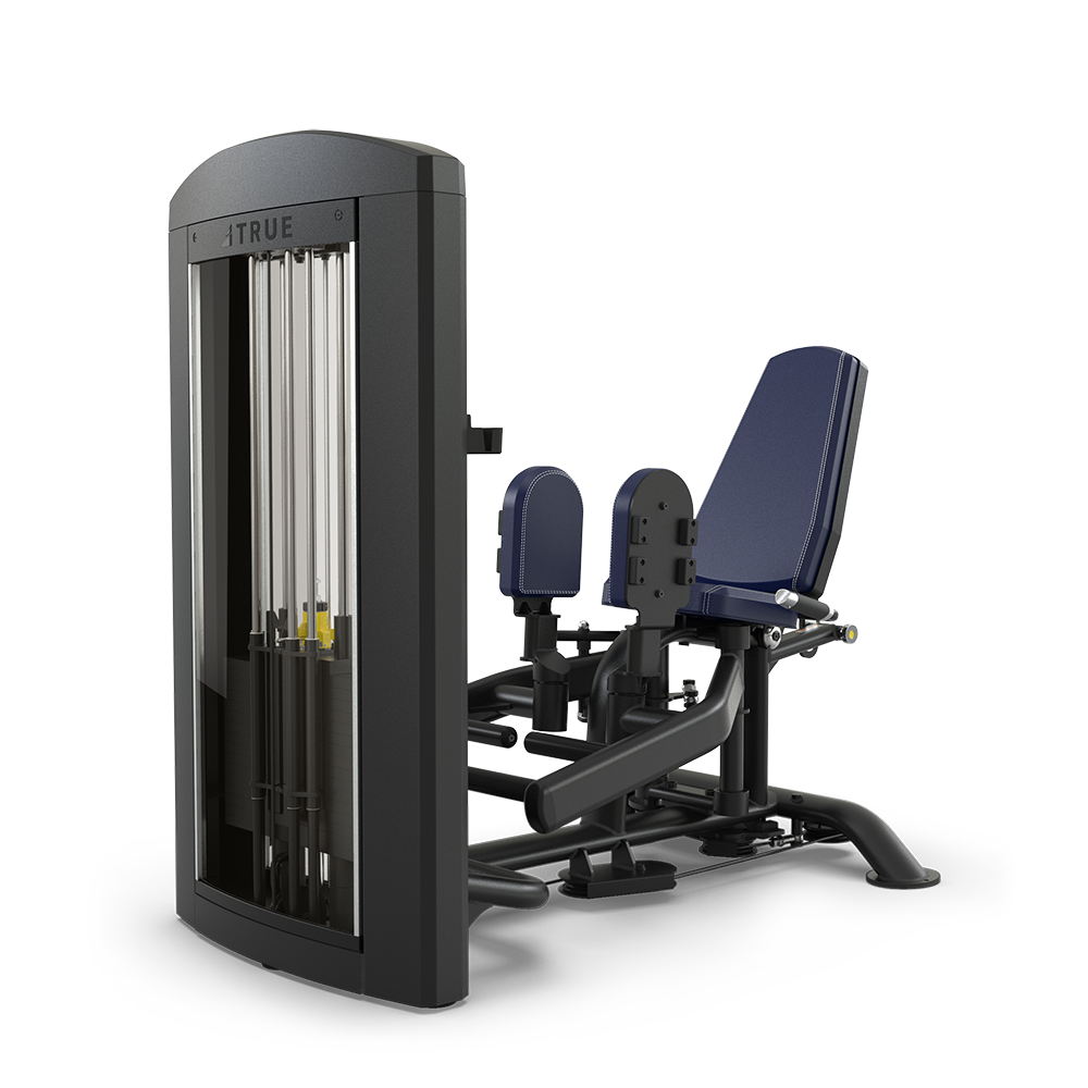 A seated hip abduction exercise machine with a padded seat, backrest, and adjustable weight stack, designed for working the outer thigh muscles. The frame is mostly black with blue padding.