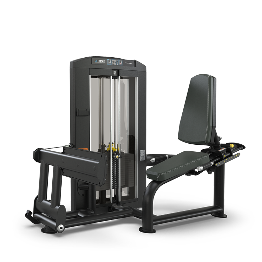 A black and gray seated leg press machine with padded seat and backrest, weight stack, and foot platform, designed for gym use on a white background.