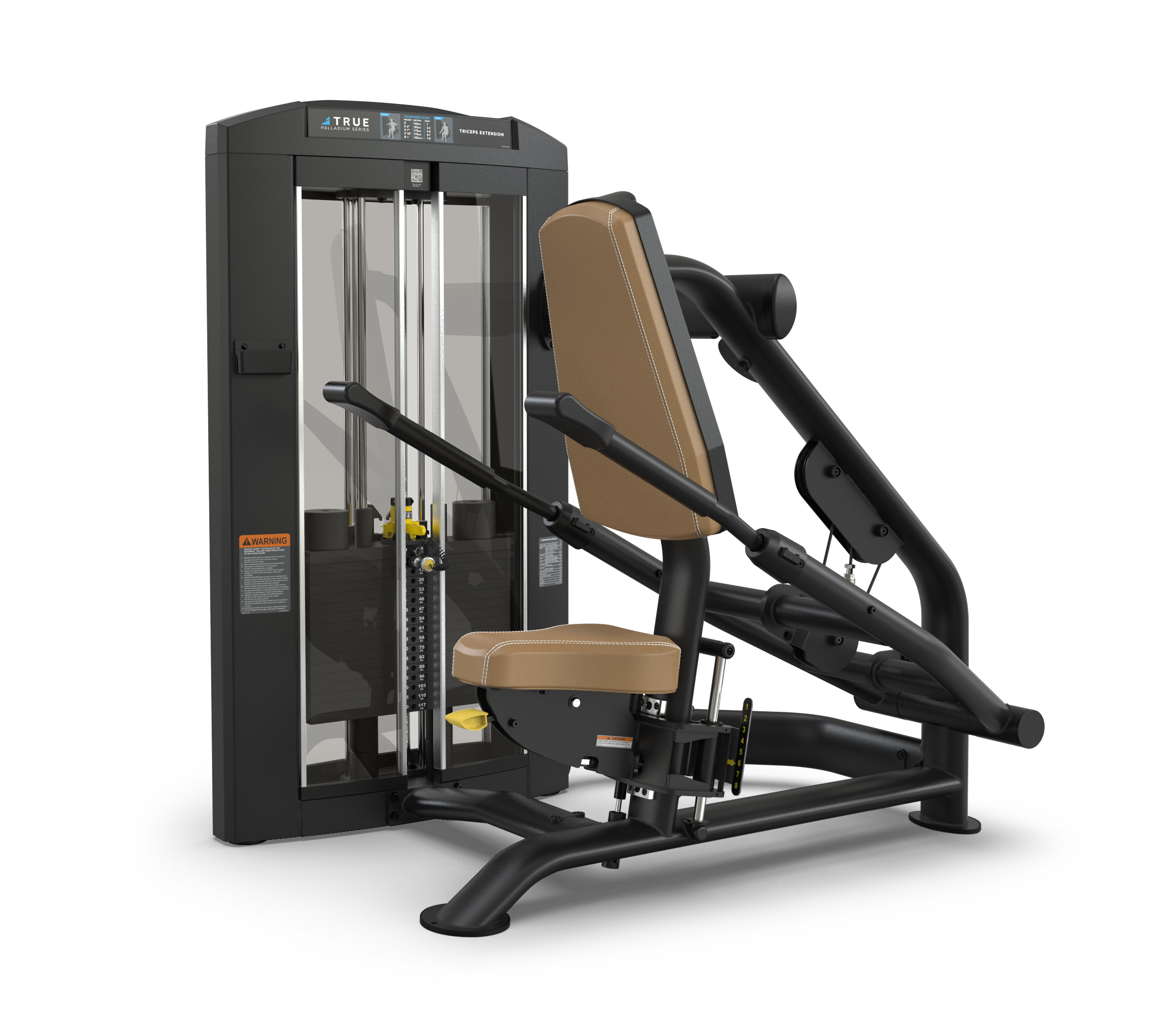 A seated fitness machine with a tan padded seat and backrest, black frame, and vertical weight stack, designed for upper body strength training such as chest or shoulder press exercises.
