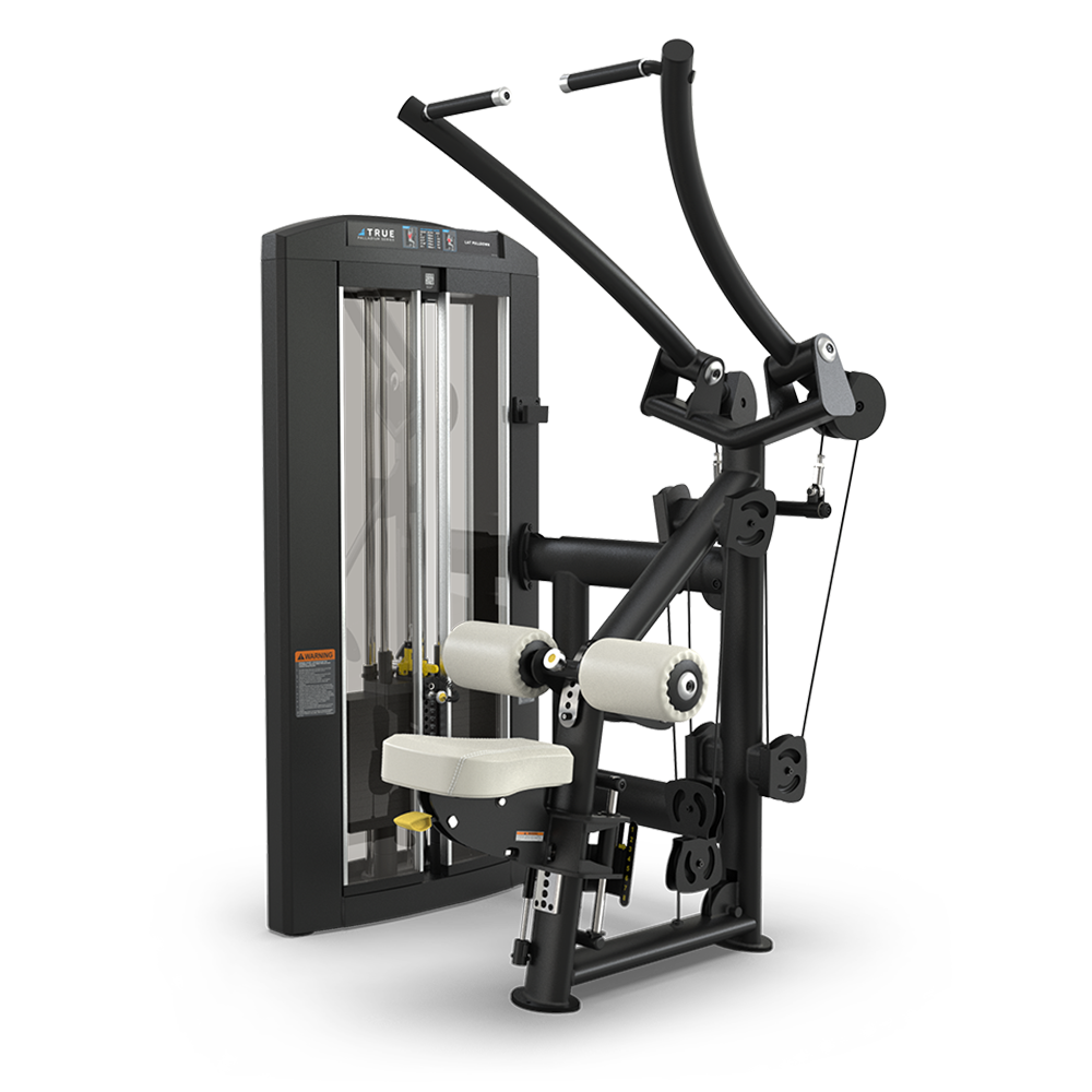 A black and silver seated strength training machine with padded seat and armrests, weight stack, and handles for performing upper body exercises, against a plain white background.