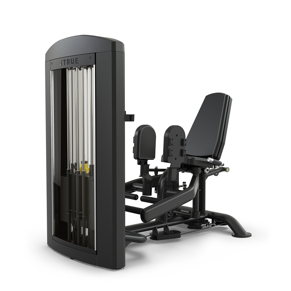 A black seated leg press machine with adjustable weights, padded seat, and footrests, designed for strength training in a gym setting.