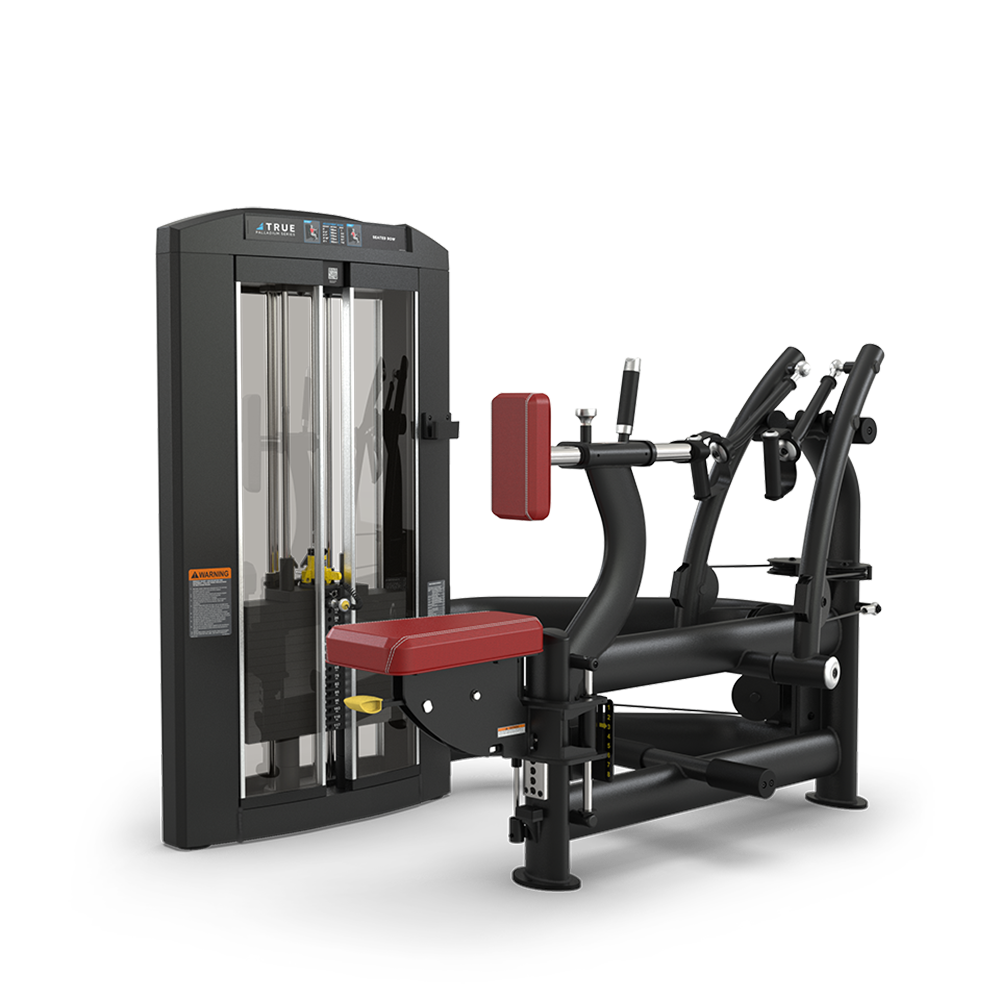 A commercial gym machine with a black frame, red padded seat, and adjustable arm levers for strength training, designed for seated rows or chest presses, set against a plain white background.