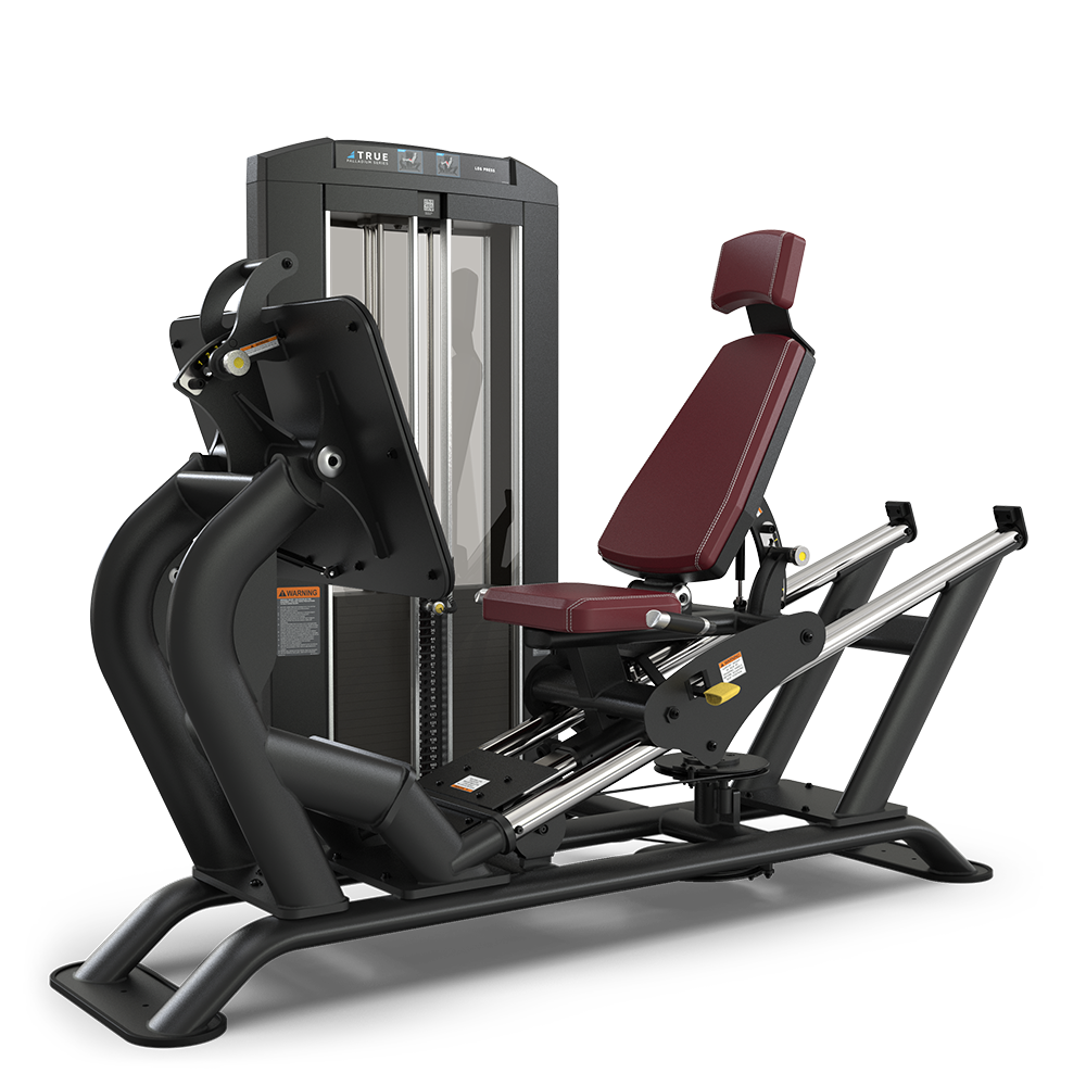 A black and maroon leg press machine with adjustable seat, padded backrest, and weight stack, designed for strength training exercises in a gym setting.