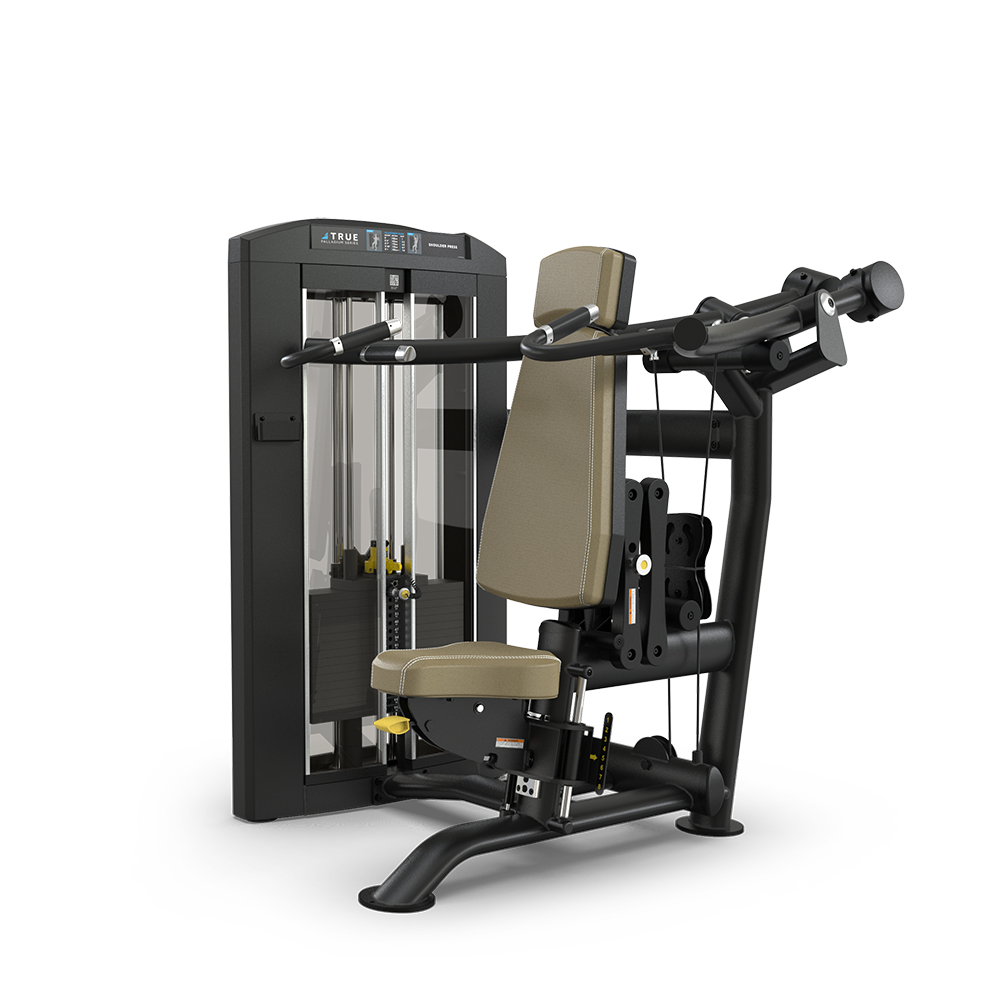 A black and beige seated chest press machine with adjustable handles and padded seat, designed for upper body strength training in a gym setting.