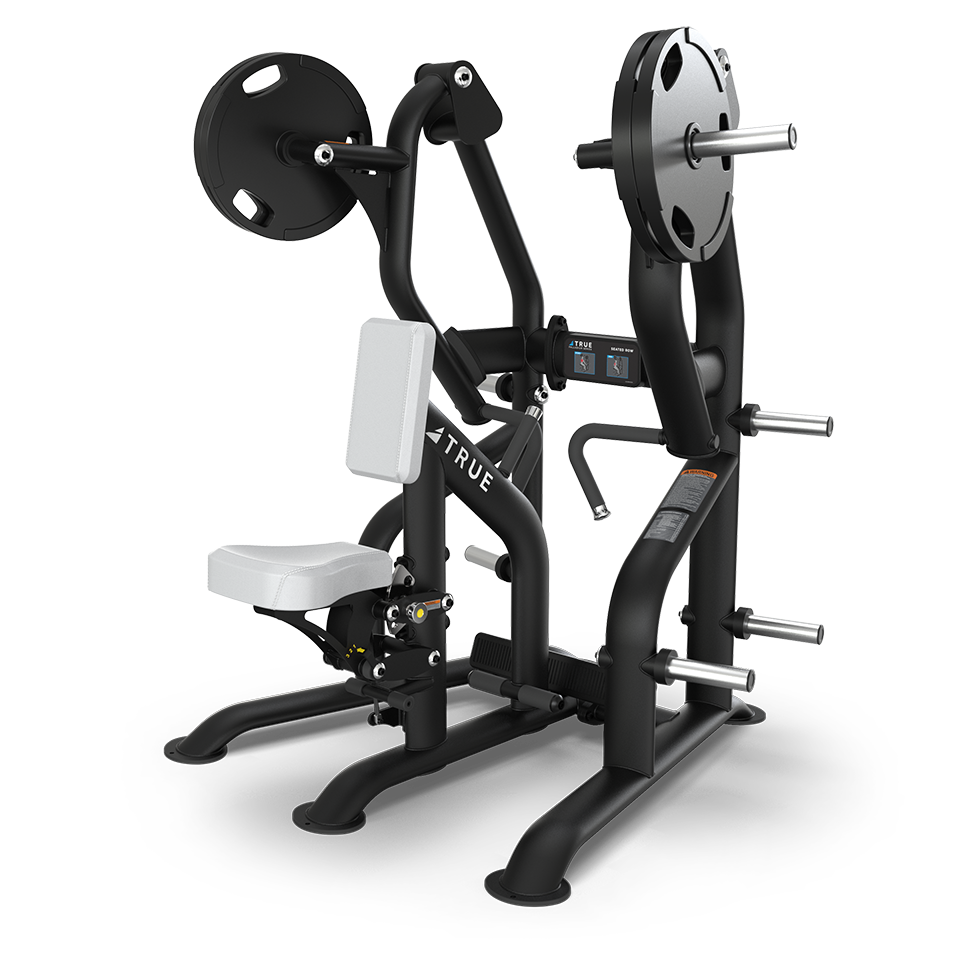 A black, plate-loaded strength training machine with a padded white seat and backrest, designed for chest or shoulder exercises. The machine has weights mounted on both sides and sturdy metal framing.