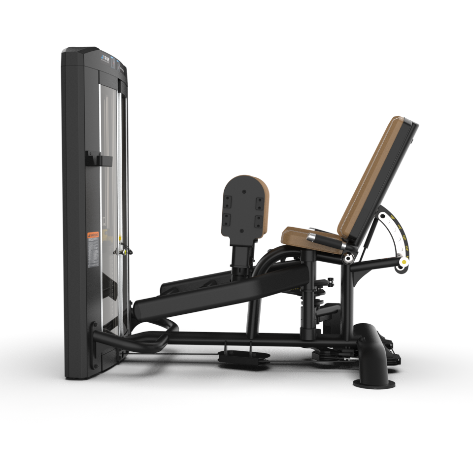 A black and brown commercial leg press machine with an angled backrest, padded seat, and a weight stack, set against a plain white background.