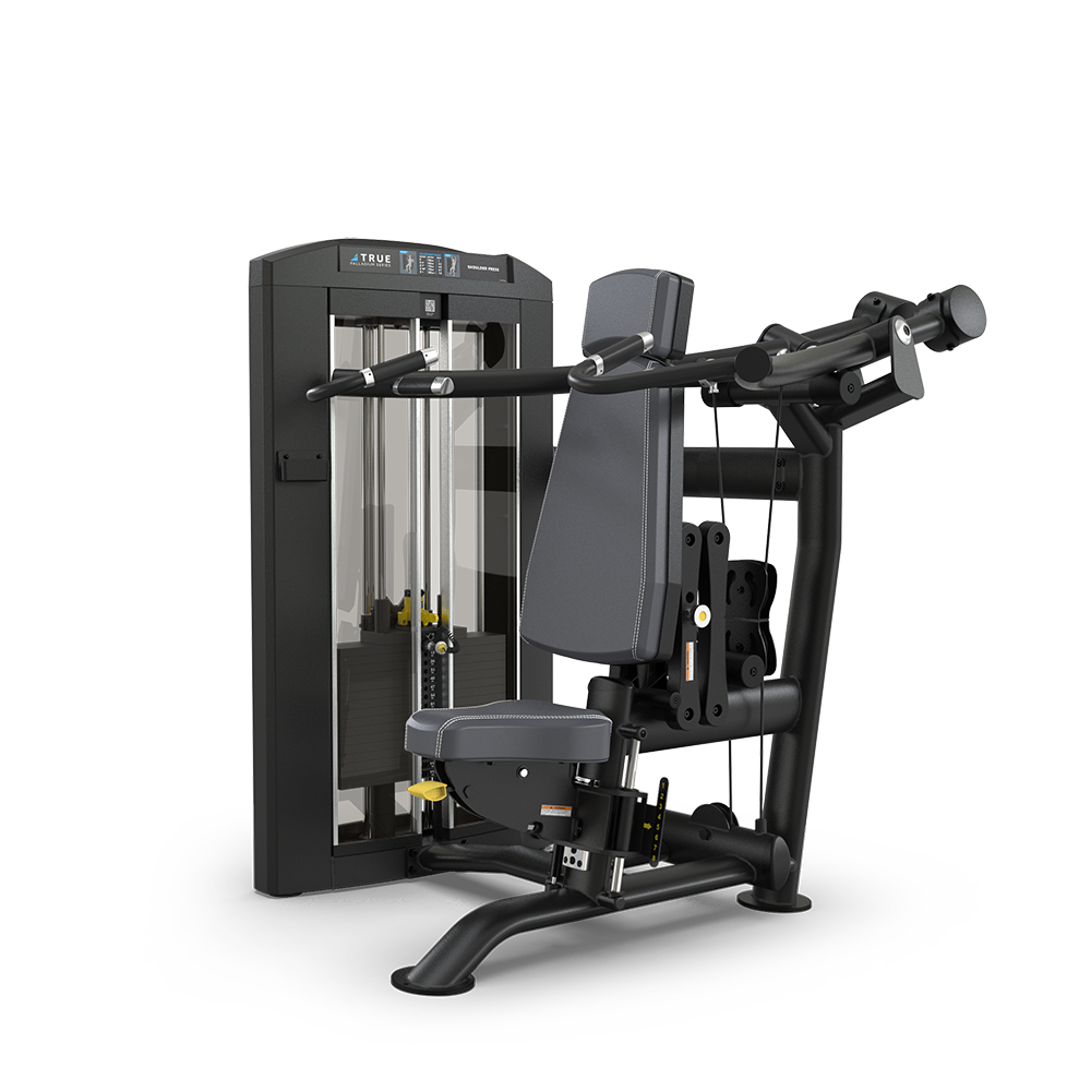 A black and gray chest press gym machine with padded seat, backrest, handles, and weight stack, designed for upper body strength training.