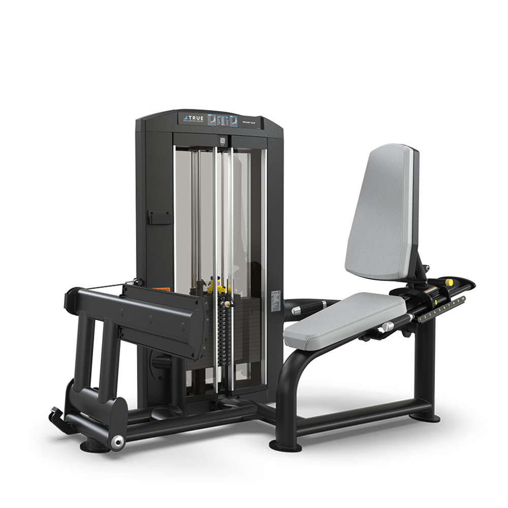 A seated leg press gym machine with a padded seat, backrest, and footplate, featuring a weight stack and adjustment knobs, designed for lower body strength training.