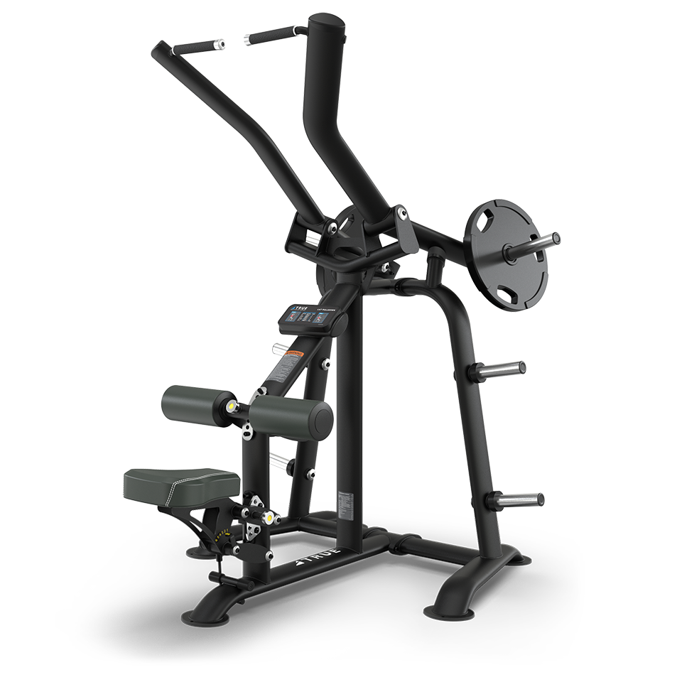 A black plate-loaded gym machine designed for upper body exercises, featuring padded seat and leg support, vertical handles, and weight plate holders on each side.