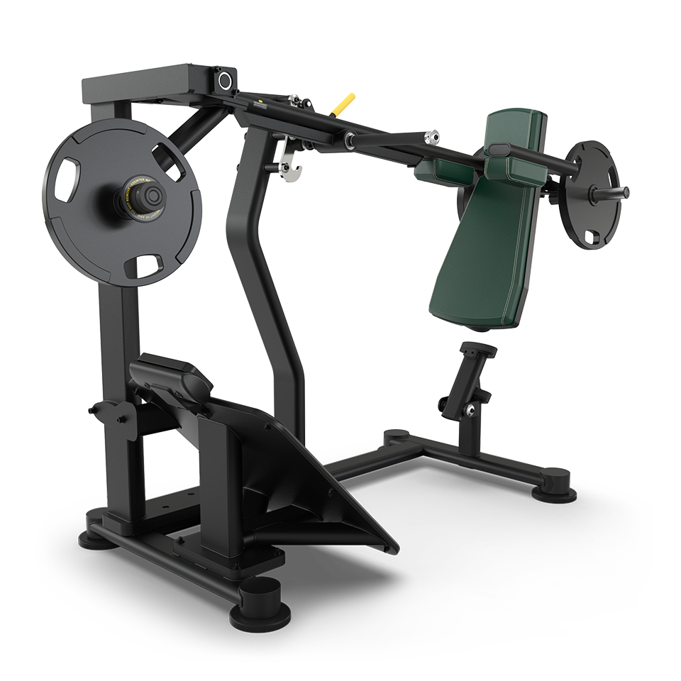 A black and green plate-loaded gym machine with a padded seat, angled backrest, and lever arms for chest or shoulder press exercises, designed for strength training.