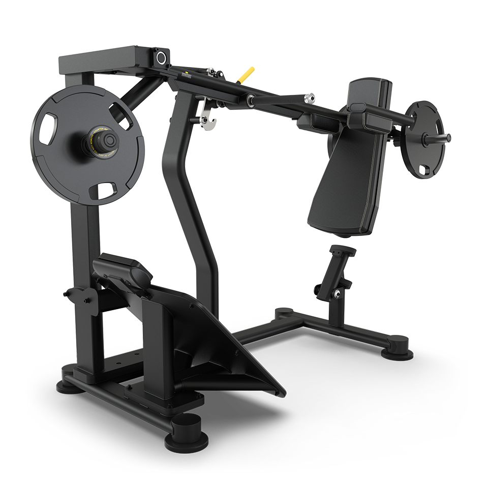 A black plate-loaded strength training machine with angled footplates and padded shoulder rests, designed for leg press exercises, standing on a white background.