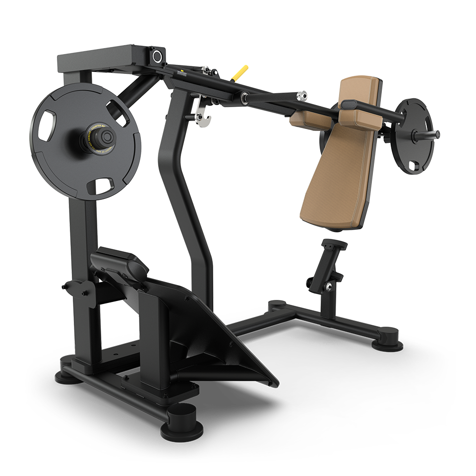 A black and brown chest press gym machine with weighted plates on each side, an angled seat, foot platform, and handles for pressing exercises against a plain white background.