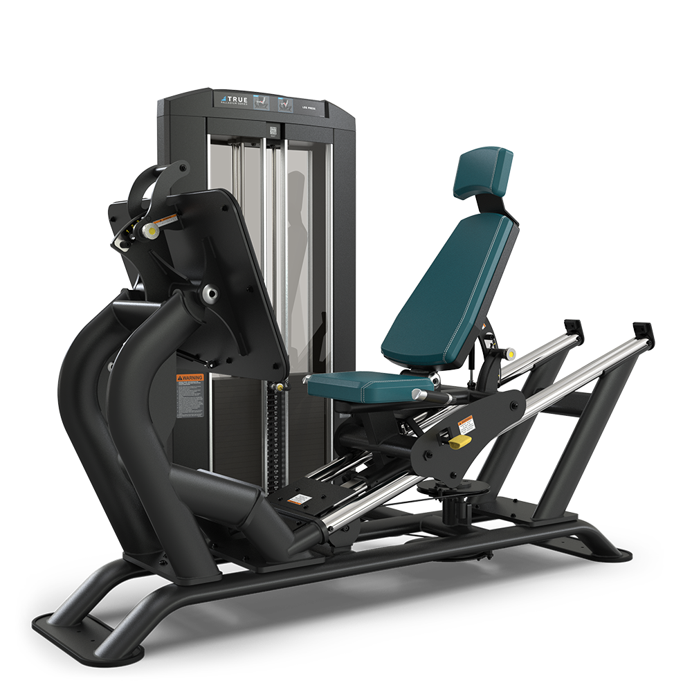A seated leg press machine with a padded backrest and seat, metal footplate, and weight stack, designed for lower body strength training in a gym.